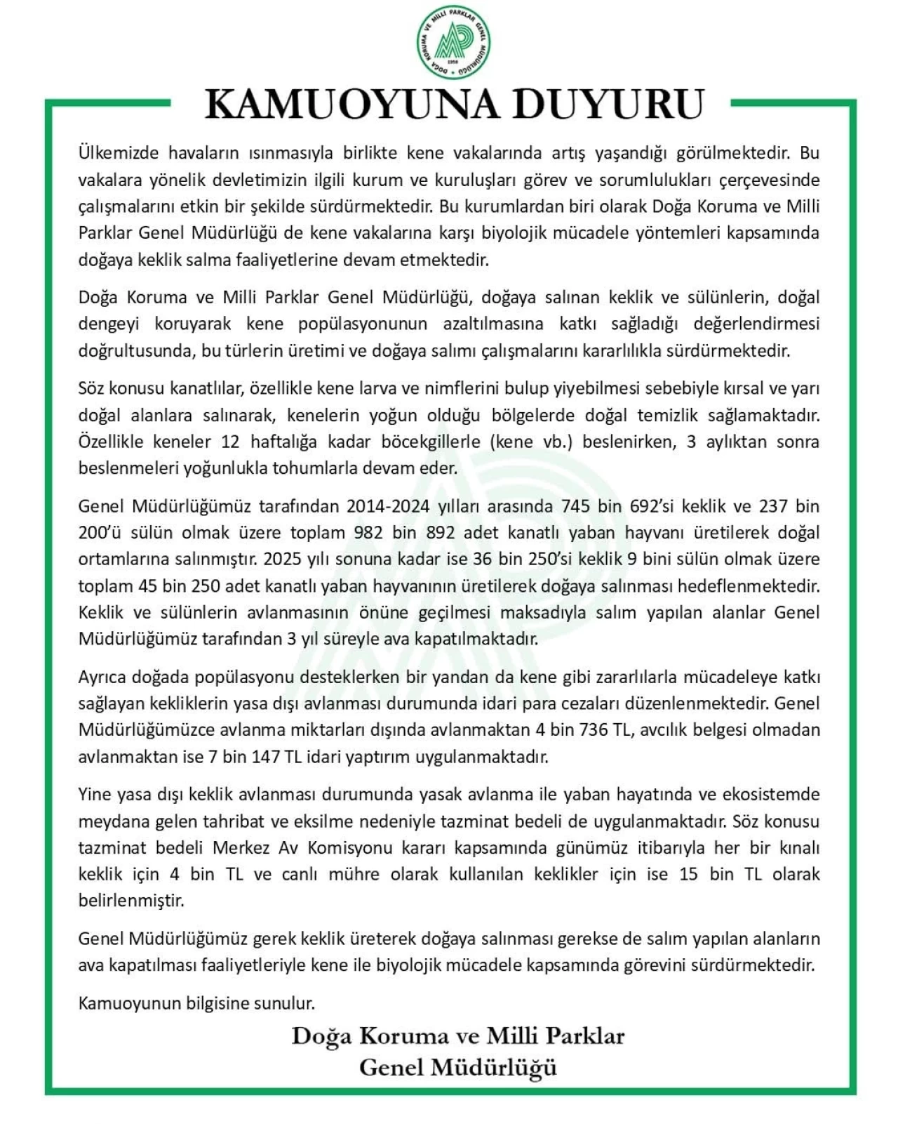 Kene ile Mücadelede Keklik ve Sülünler Doğaya Salınıyor
