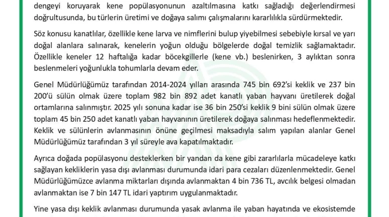 Kene ile Mücadelede Keklik ve Sülünler Doğaya Salınıyor
