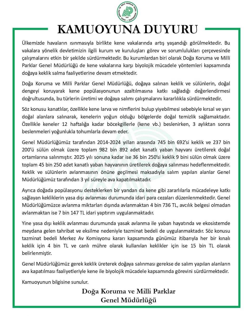 Kene ile Mücadelede Keklik ve Sülünler Doğaya Salınıyor