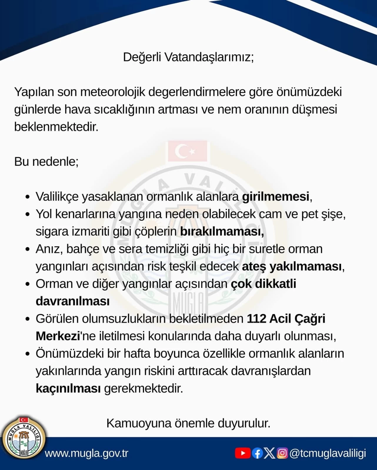 Muğla Valiliğinden Kritik Uyarı: Orman Yangını Riskine Karşı Dikkat!