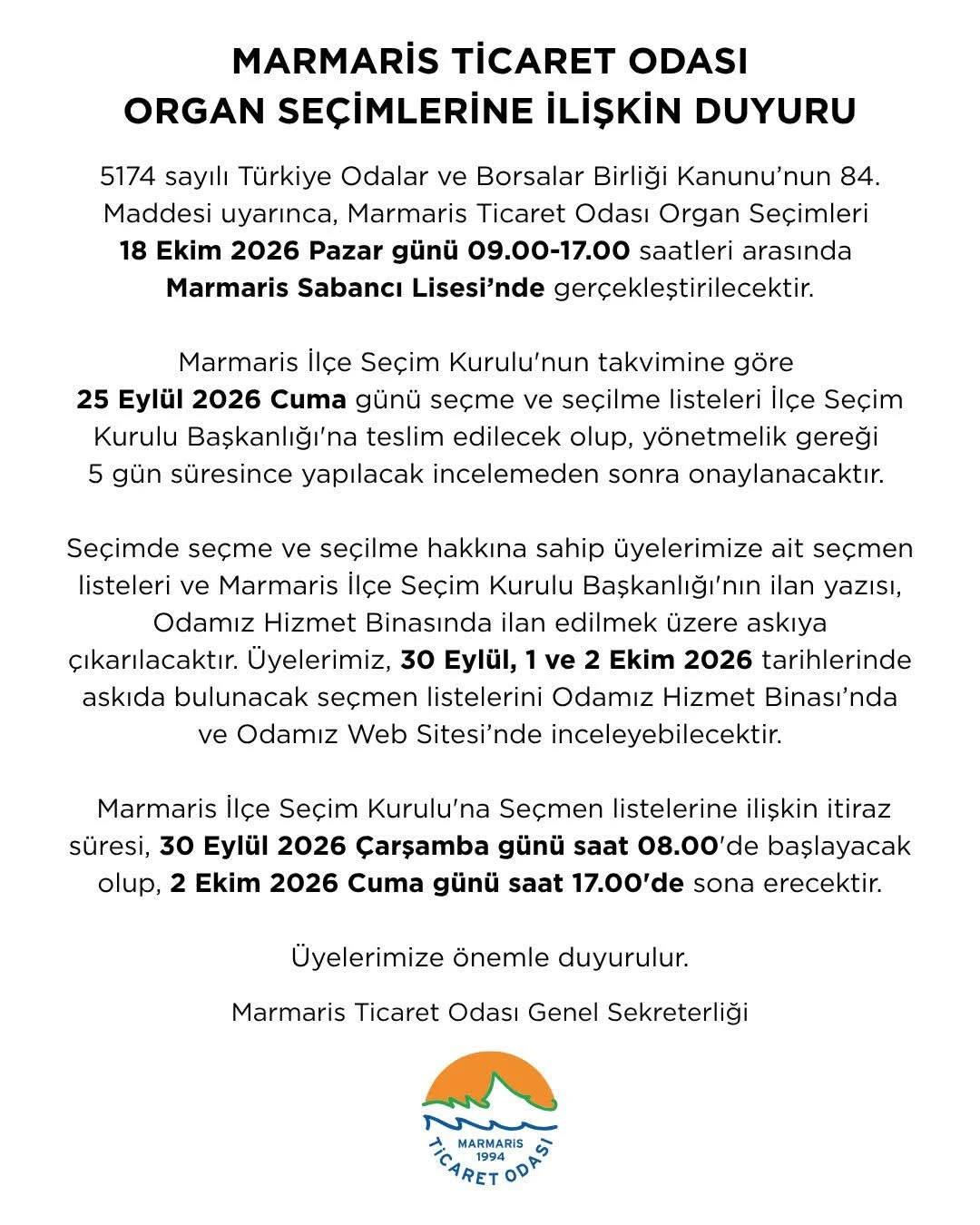 Marmaris Ticaret Odası’nda Seçim Heyecanı Başlıyor! Listeler Askıya Çıkıyor